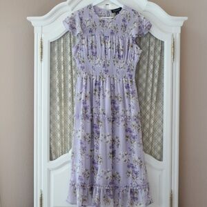 Perceptions Floral Lavender Chiffon Flutter-sleeve Midi Dress